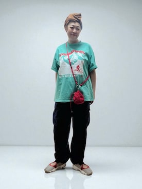 「La win d（ラウィンダ）の巾着バッグ付属スマホショルダー（ショルダーバッグ）」を使った、未央  ‪ ‪ さん（レディース・169cm）の夏コーディネート