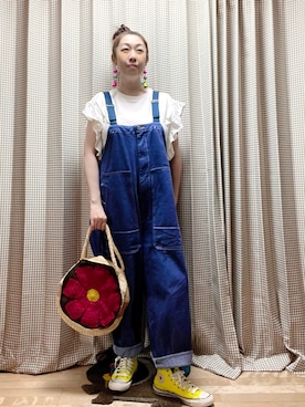 「ネオンイエロー」｜「アイテム（オールインワン・サロペット）」を使った、未央  ‪ ‪ さん（レディース・169cm）の夏コーディネート
