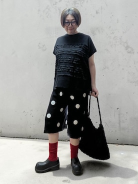 「reca（レカ）のフリル切り替えワイドプルオーバー（Tシャツ/カットソー、ブラック系）」を使った、未央  ‪ ‪ さん（レディース・170cm）の夏コーディネート