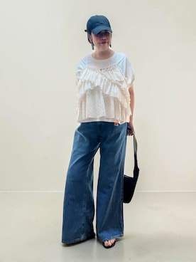「GU（ジーユー）のアイテム（デニムパンツ、ブルー系）」を使った、未央  ‪ ‪ さん（レディース・169cm）の夏コーディネート