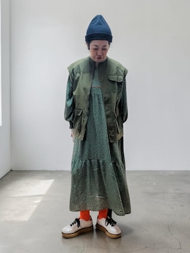 「niko and...（ニコアンド）の[MODE NORM CORE] 2WAYマキシプリントワンピース（ワンピース、グリーン系）」を使った、未央  ‪ ‪ さん（レディース・170cm）の春コーディネート
