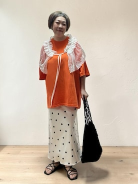 「wee9s（ウィークス）のHANSODE sweatee / スーパールーズライトスウェッティー(半袖)（Tシャツ/カットソー、オレンジ系）」を使った、未央  ‪ ‪ さん（レディース・170cm）の夏コーディネート