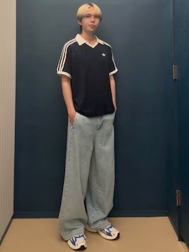 「adidas（アディダス）のテリー ポロシャツ / アディダスオリジナルス adidas Originals（ポロシャツ、ブルー系）」を使った、Kncnさん（メンズ・181cm）の夏コーディネート