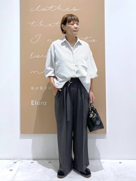 「Elura（エルーラ）のサキソニー風ベルト付きパンツ/1043149（その他パンツ、グレー系）」を使った、maturi0108さん（レディース・164cm）の秋コーディネート