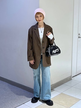 「アイテム（ニットキャップ/ビーニー、ピンク系）」を使った、JS_yoccoさん（レディース・155cm）の秋コーディネート