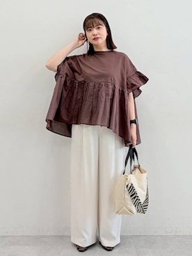 「Elura（エルーラ）の異素材切り替えフリルプルオーバー/621795（Tシャツ/カットソー、ブラウン系）」を使った、suzuyuuさん（レディース・159cm）の春コーディネート