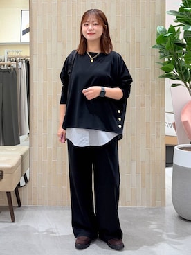 「Elura（エルーラ）のサマ見えリラクシーボートプルオーバー/1052451（Tシャツ/カットソー、ブラック系）」を使った、suzuyuuさん（レディース・159cm）の秋コーディネート