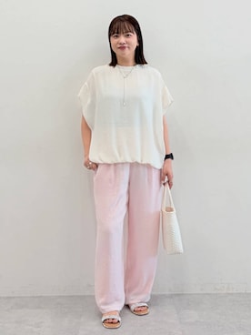 「Elura（エルーラ）のサラサラサマーギャザーパンツ/451127（その他パンツ、ピンク系）」を使った、suzuyuuさん（レディース・159cm）の春コーディネート