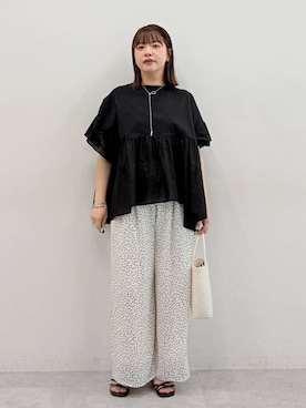 「Elura（エルーラ）の異素材切り替えフリルプルオーバー/621795（Tシャツ/カットソー、ブラック系）」を使った、suzuyuuさん（レディース・159cm）の春コーディネート