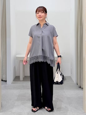 「Elura（エルーラ）のサラサラリラクシーワイドパンツ＜低身長サイズあり＞/656777（その他パンツ、ブラック系）」を使った、suzuyuuさん（レディース・159cm）の夏コーディネート