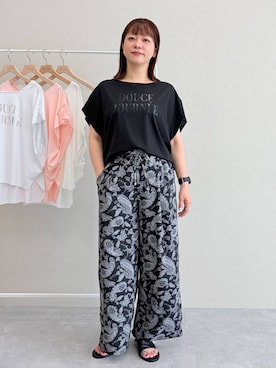 「Elura（エルーラ）の【イージーケア・防シワ機能付き】サラサラリラクシーワイドパンツ＜低身長サイズあり＞/656777（その他パンツ、ブラック系）」を使った、suzuyuuさん（レディース・159cm）の夏コーディネート
