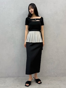 「MURUA（ムルーア）の2WAYレイヤードライクトップス　夏服（Tシャツ/カットソー、ブラック系）」を使った、ELENさん（レディース・166cm）の夏コーディネート