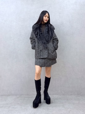 「MURUA（ムルーア）の【セットアップ対応】ヘリンボンリバーコート　冬服（ダウンジャケット/コート、ブラック系）」を使った、ELENさん（レディース・166cm）の秋コーディネート