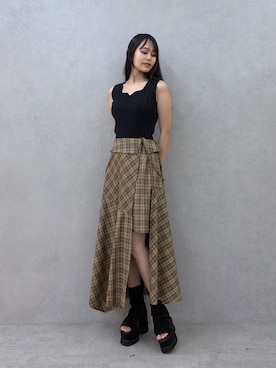 「MURUA（ムルーア）のベロアタッチオープントゥブーツサンダル（ブーツ、ブラック系）」を使った、ELENさん（レディース・166cm）の夏コーディネート
