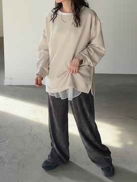 「HUG.U（ハグユー）の「レイヤードに最適」シアードッキングロンT（Tシャツ/カットソー、ホワイト系）」を使った、HUG.Uさん（レディース・158cm）の夏コーディネート