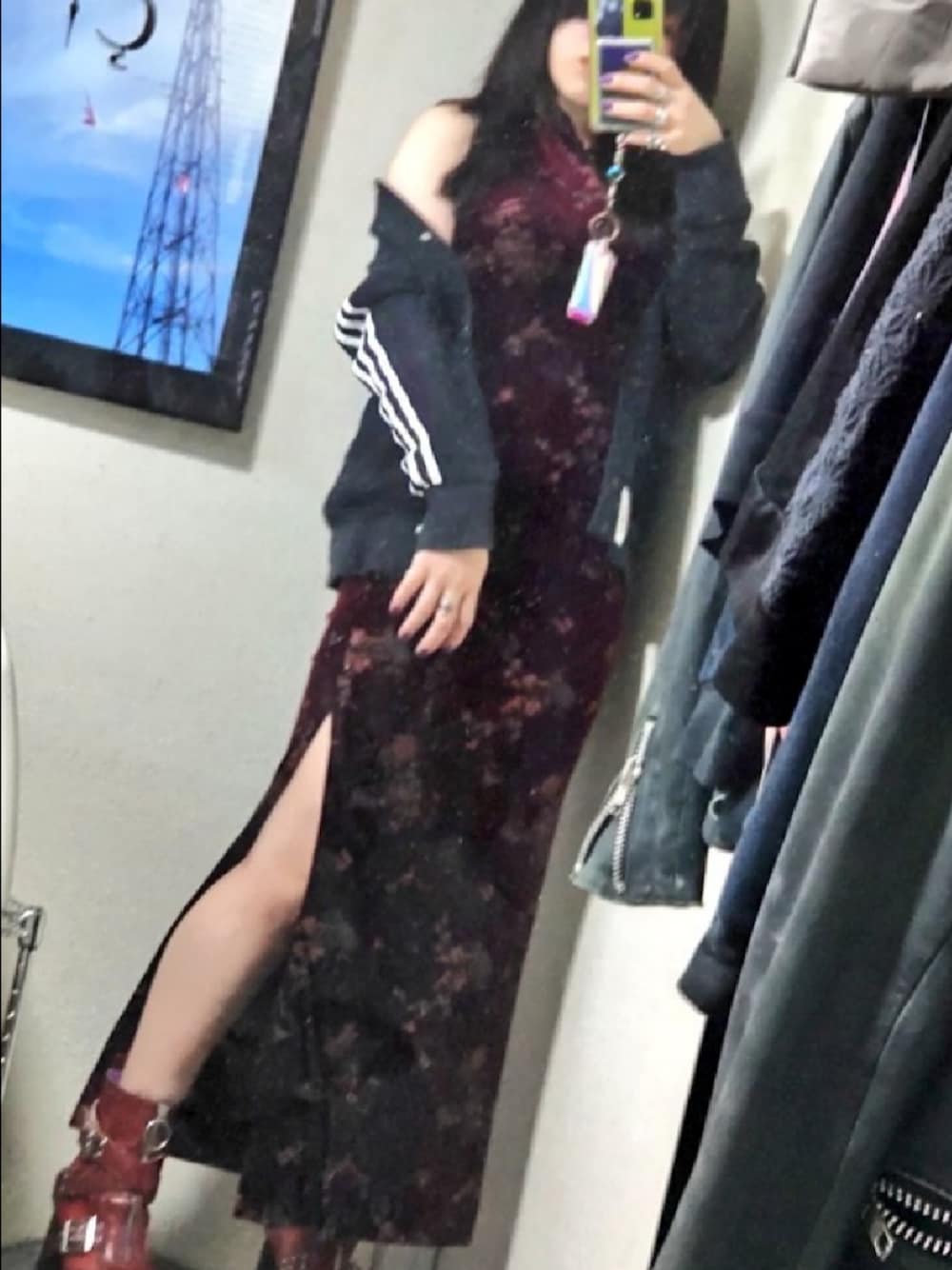「チャイナドレス、チャイナシャツ、adidas、YOSUKE、休日スタイル、オトナ女子、大人コーデ、レイヤードスタイル、リラックススタイル、シンプルコーデ」｜「adidasのアイテム（ジャケット/アウター、ブラック系）」を使った、シアンドロイドさん（レディース・154cm）の春コーディネートの1枚目の写真