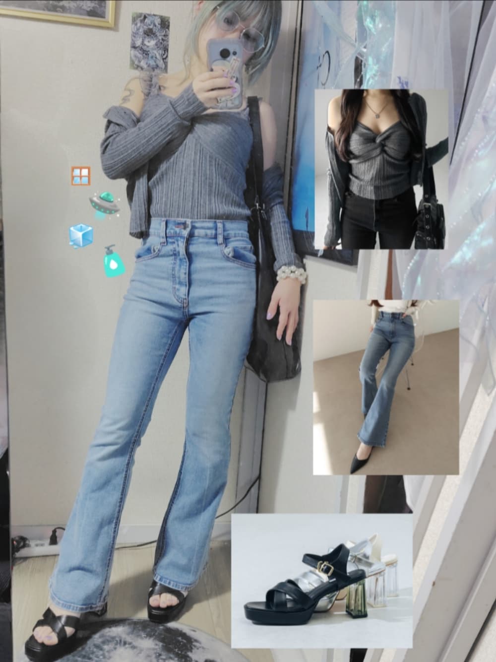 グレー系のアンサンブル、ブルー系のデニムパンツ、ブラック系のサンダルを着用したレディースの春コーディネートの1枚目の写真