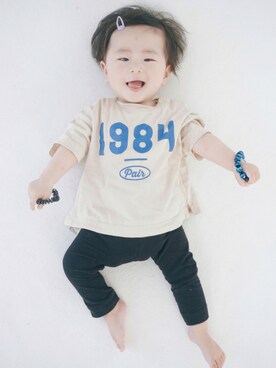 「H&M（エイチ・アンド・エム）のアイテム（パンツ、ブラック系）」を使った、Atom😎さん（キッズ・70cm）の夏コーディネート