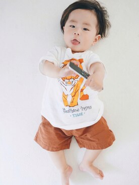 「韓国子供服のアイテム（パンツ、ブラウン系）」を使った、Atom😎さん（キッズ・70cm）の夏コーディネート