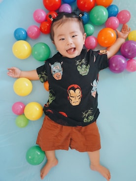 「H&M（エイチ・アンド・エム）のアイテム（Tシャツ/カットソー、ブラック系）」を使った、Atom😎さん（キッズ・70cm）の夏コーディネート