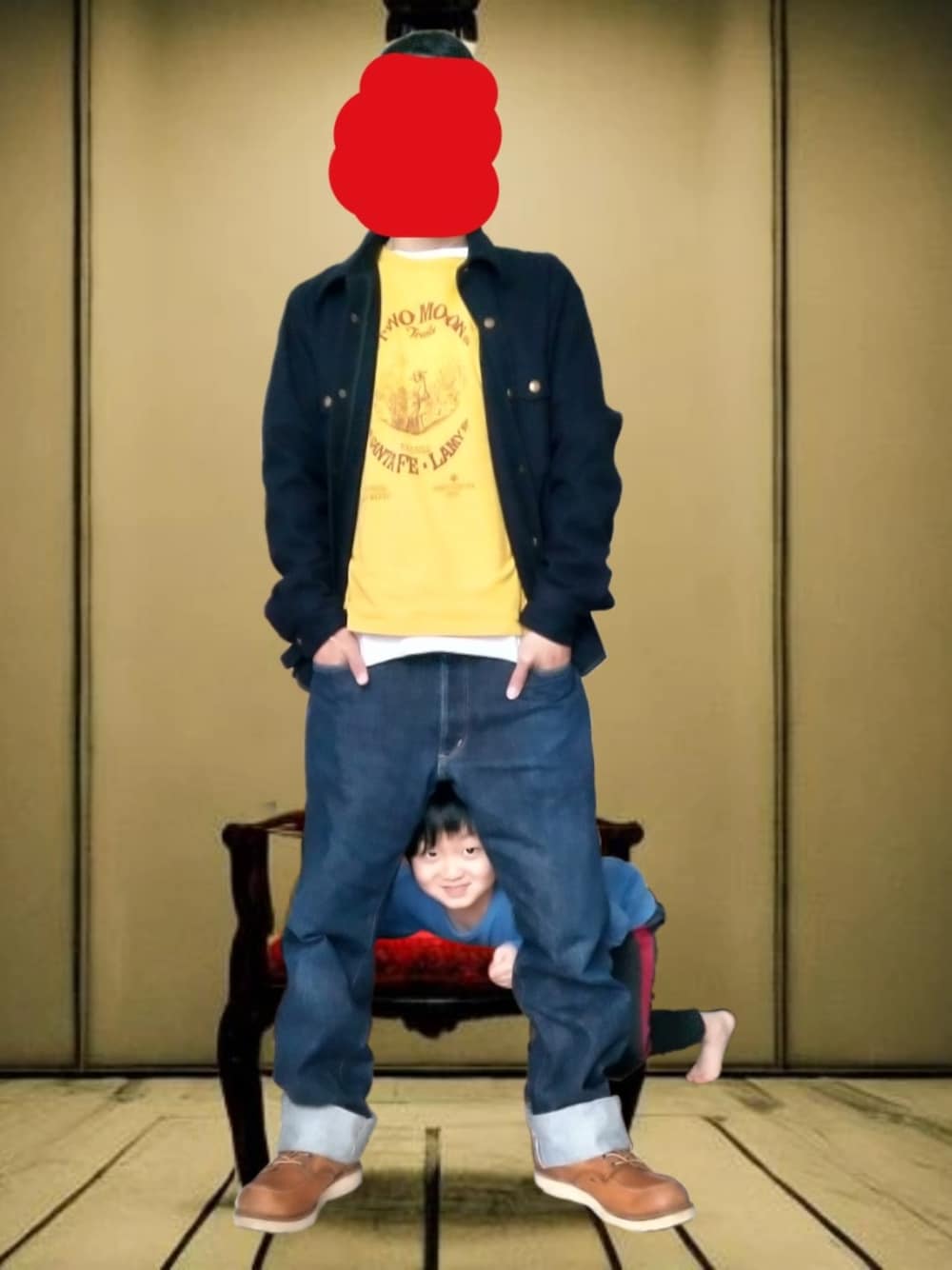 「長男、家族、シャツジャケット、CPOジャケット、cpoシャツジャケット、Tシャツレイヤード、デニム、デニムパンツ、アイリッシュセッター、RED WING、875、アメカジ」｜「LeeのCPOシャツジャケット（その他アウター、ブルー系）」を使った、urotasadamakさん（メンズ・168cm）の春コーディネートの1枚目の写真