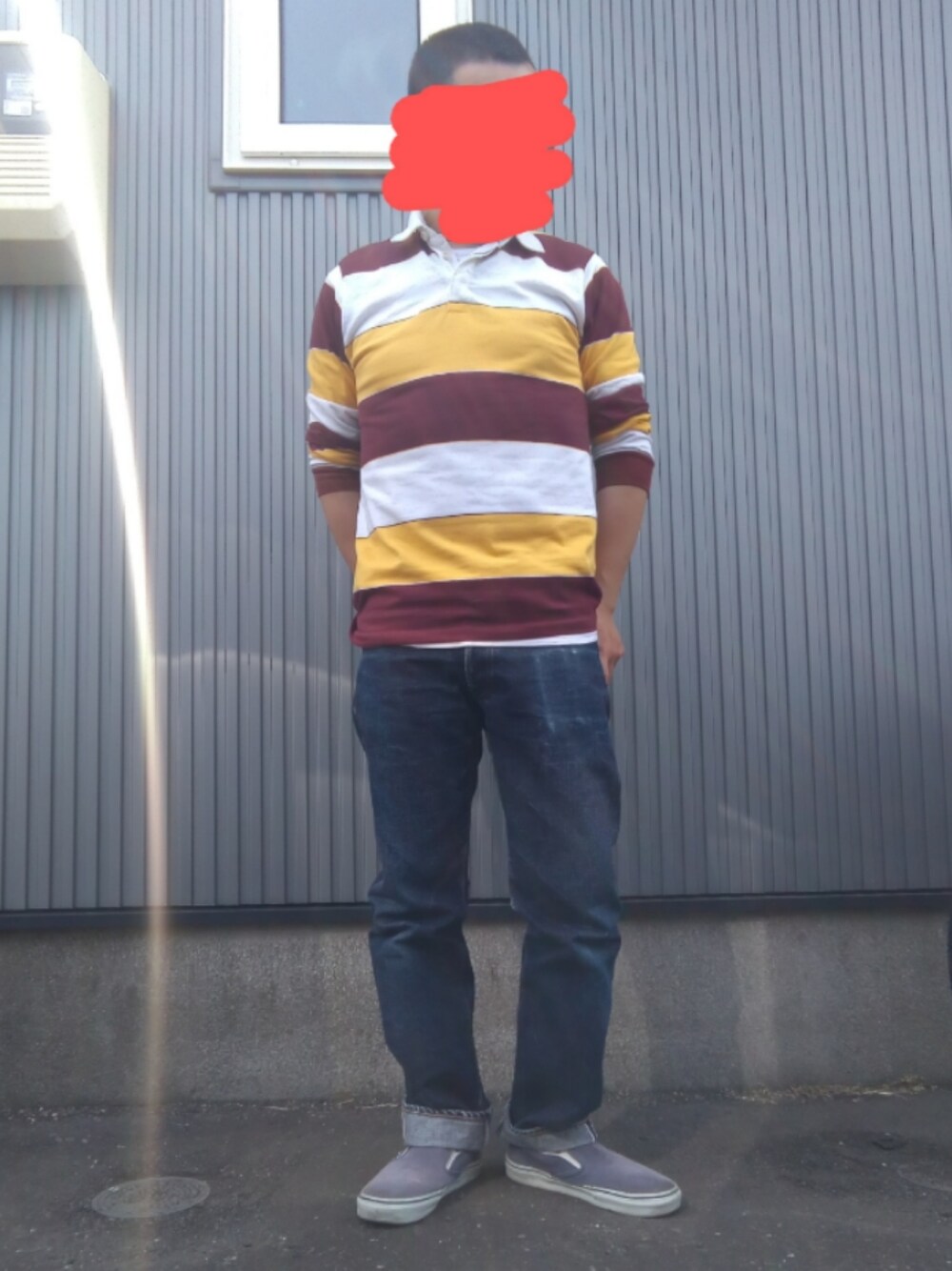 「アメカジ、ボーダー、ラガーシャツ、ポロシャツ、デニム、デニムパンツ、スリッポン、古着、campus 80's、Campus」｜「campusの古着　80年代　ラガーシャツ（ポロシャツ、ブラウン系）」を使った、urotasadamakさん（メンズ・168cm）の春コーディネートの1枚目の写真