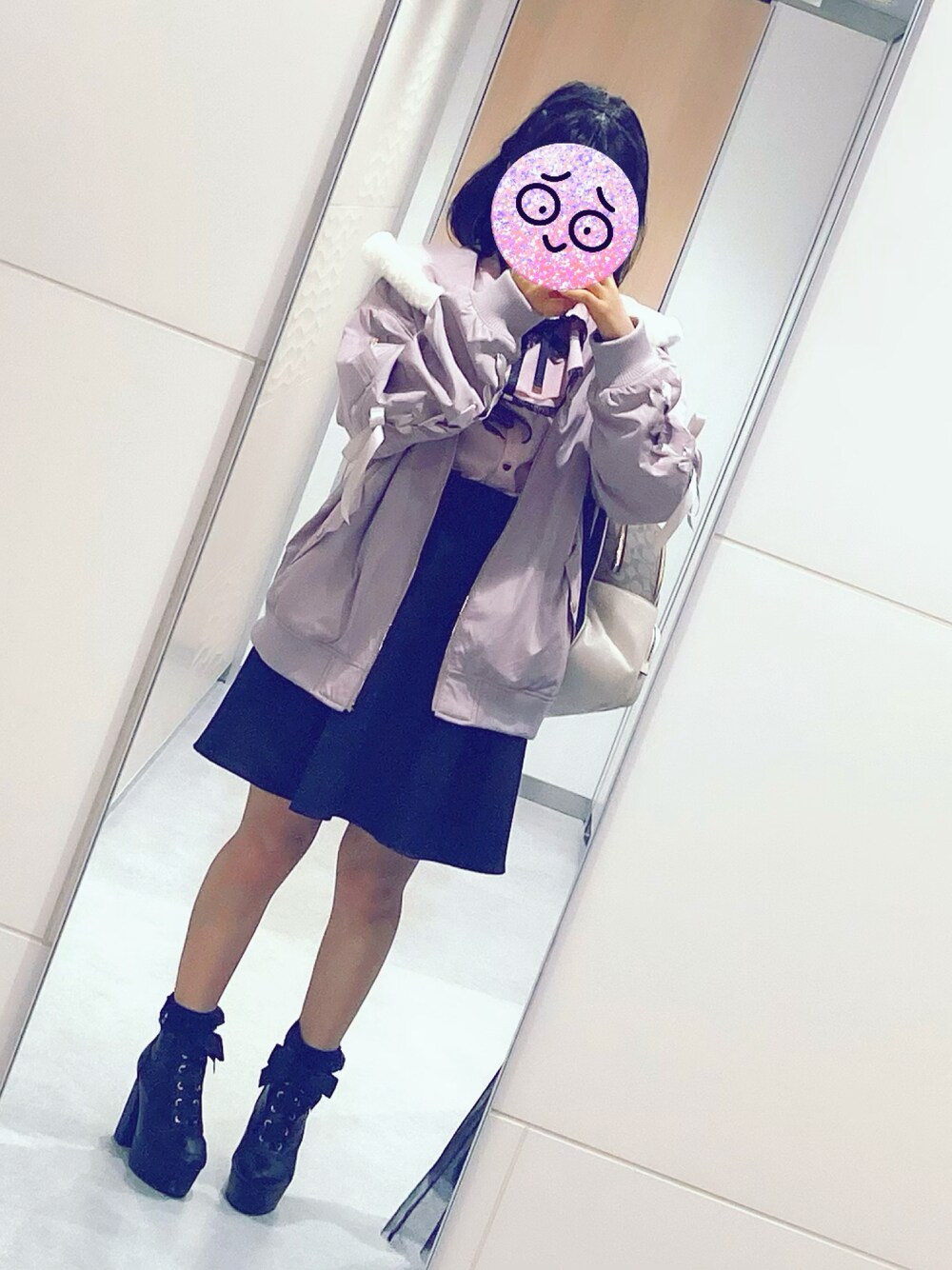 「名古屋、おでかけ、足長効果、低身長コーデ、地雷、量産型」｜「Secret Honeyのラッフルリボンブラウス（シャツ/ブラウス、ピンク系）」を使った、あむさんさん（レディース・148cm）の冬コーディネートの1枚目の写真