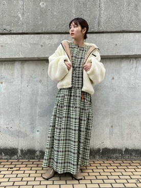 「チェックワンピース」｜「アイテム（ブルゾン）」を使った、momocoさん（レディース・155cm）の秋コーディネート