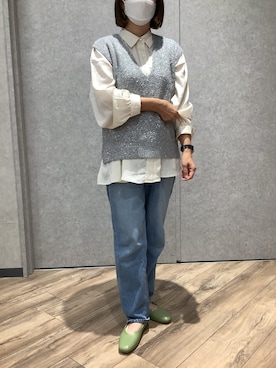 「アイテム（ニット/セーター、シルバー系）」を使った、TOKYO SHIRTS橿原店さん（レディース・155cm）の秋コーディネート