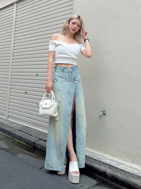 「GYDA（ジェイダ）のラメテレコハーフスリーブカシュクールオフショルショートTOPS（Tシャツ/カットソー、ホワイト系）」を使った、miyuさん（レディース・160cm）の夏コーディネート