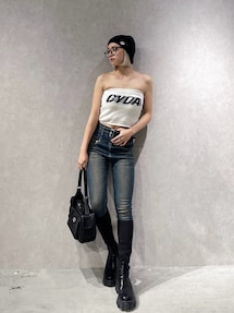 ハイウエストフロントZIPベルトデザインスキニーデニムパンツ