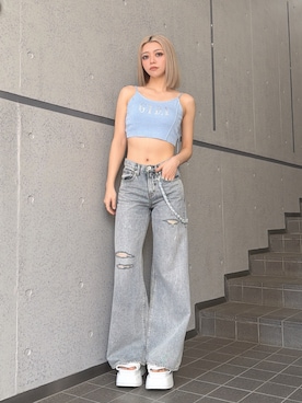 「GYDA（ジェイダ）のGYDA bijouラメニットビスチェ（キャミソール、ブルー系）」を使った、miyuさん（レディース・160cm）の春コーディネート