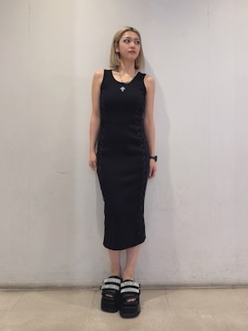 「GYDA（ジェイダ）のThick sole bijouストラップサンダル（サンダル、ブラック系）」を使った、miyuさん（レディース・160cm）の夏コーディネート
