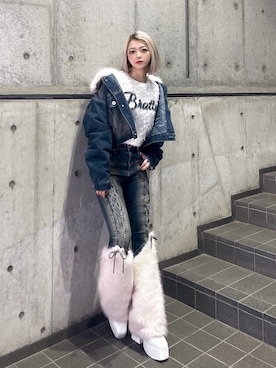 「GYDA（ジェイダ）のBRATTY MOHAIR LIKEショートニットトップス（ニット/セーター）」を使った、miyuさん（レディース・160cm）の秋コーディネート