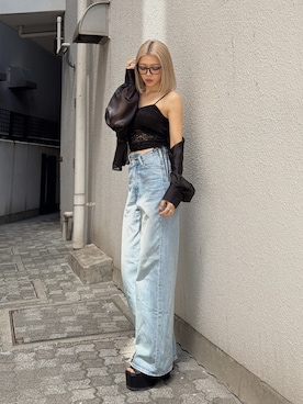 「GYDA（ジェイダ）のサイドギャザーレースビスチェ（キャミソール、ブラック系）」を使った、miyuさん（レディース・160cm）の春コーディネート