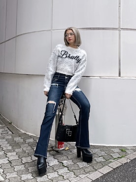 「GYDA（ジェイダ）のBRATTY MOHAIR LIKEショートニットトップス（ニット/セーター）」を使った、miyuさん（レディース・160cm）の秋コーディネート