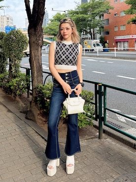 「GYDA（ジェイダ）のSymmetryGYDA bijouラメチェックアメスリニットトップス（ニット/セーター、ブラック系）」を使った、miyuさん（レディース・160cm）の夏コーディネート