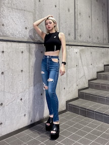 ハイウエストcut out poketダメージスキニーデニムパンツ｜ジェイダ