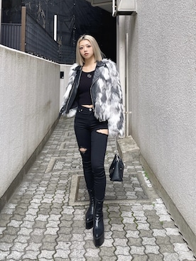 「アイテム（ライダースジャケット）」を使った、miyuさん（レディース・160cm）の秋コーディネート