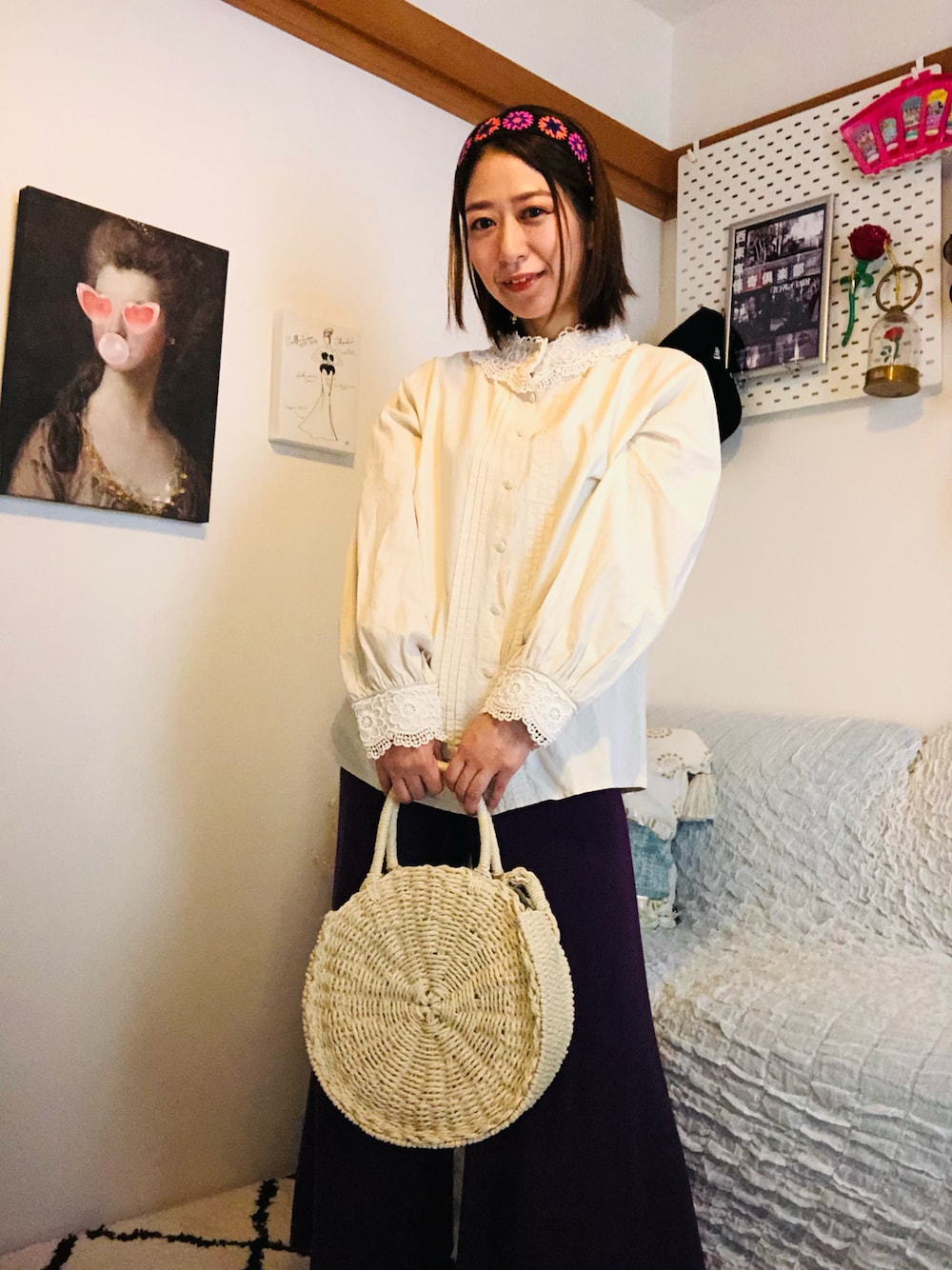 「オトナカジュアル、低身長コーデ、シャツスタイル、ブラウス、エスニック、カチューシャ、プチプラ、フラワー」｜「GRLの2Wayサークルかごバッグ（かごバッグ、ベージュ系）」を使った、hapidokiさん（レディース・150cm）の夏コーディネートの1枚目の写真