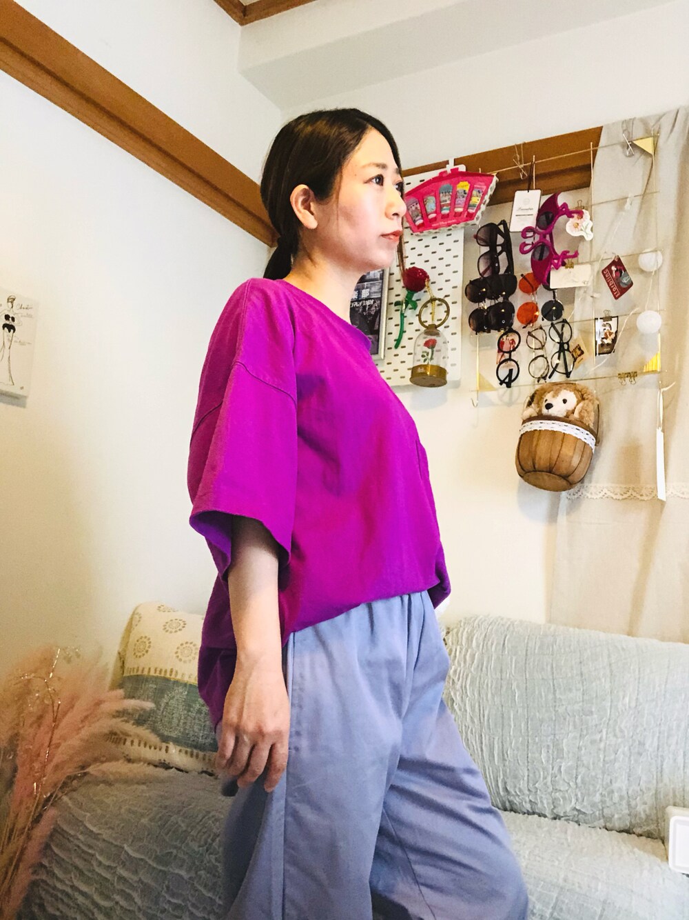 「ラクチンコーデ、ラフ、おしゃれさんと繋がりたい、リラックススタイル、夏コーデ、メンズライク、キレイめ、カジュアルコーデ、プチプラ、Tシャツ」｜「GUのアイテム（カーゴパンツ、パープル系）」を使った、hapidokiさん（レディース・150cm）の夏コーディネートの1枚目の写真