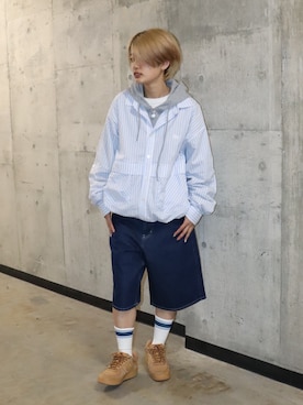 「KEBOZ（ケボズ）のSTRIPE BALL SHIRT（シャツ/ブラウス、ブルー系）」を使った、jumisaさん（レディース・160cm）の春コーディネート