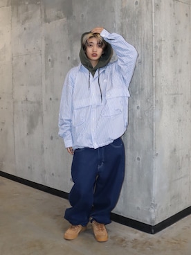 「KEBOZ（ケボズ）のSTRIPE BALL SHIRT（シャツ/ブラウス、ブルー系）」を使った、jumisaさん（レディース・160cm）の秋コーディネート