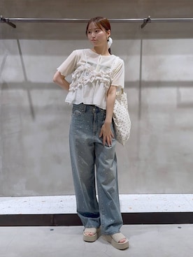 「LOWRYS FARM（ローリーズファーム）のビジューワイドストレートＰ 136104（デニムパンツ）」を使った、h a n n aさん（レディース・158cm・20代）の夏コーディネート