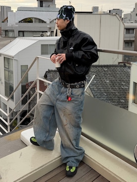 「アイテム（ライダースジャケット）」を使った、riku226さん（メンズ・168cm）の冬コーディネート