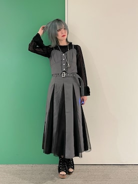 「axes femme（アクシーズファム）のフリルフレア袖レースインナー（Tシャツ/カットソー、ブラック系）」を使った、sach1さん（レディース・166cm）の春コーディネート