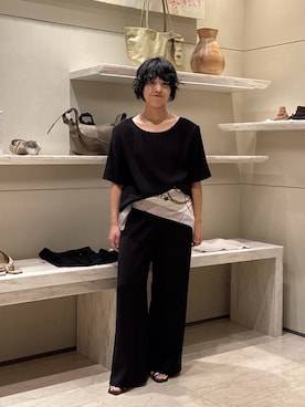 「GALLARDAGALANTE（ガリャルダガランテ）の【セットアップ対応】バックサテンドロストパンツ（その他パンツ、ブラック系）」を使った、ggnogurinさん（レディース・157cm）の夏コーディネート