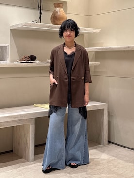「GALLARDAGALANTE（ガリャルダガランテ）の切替フレアデニム（デニムパンツ、ブルー系）」を使った、ggnogurinさん（レディース・157cm）の夏コーディネート