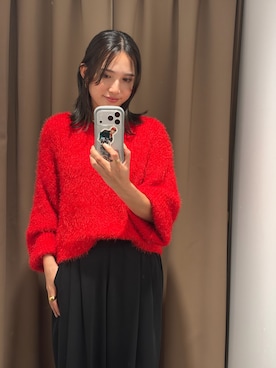 「ITEMS URBANRESEARCH（アイテムズ アーバンリサーチ）のシャギーボリュームスリーブニット（ニット/セーター、レッド系）」を使った、KAMEさん（レディース・160cm）の秋コーディネート