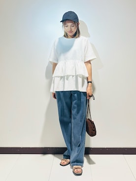 「SMELLY（スメリー）の『撥水/UVカット』ドロストナイロンキャップ（キャップ、ブラック系）」を使った、KAMEさん（レディース・160cm）の夏コーディネート